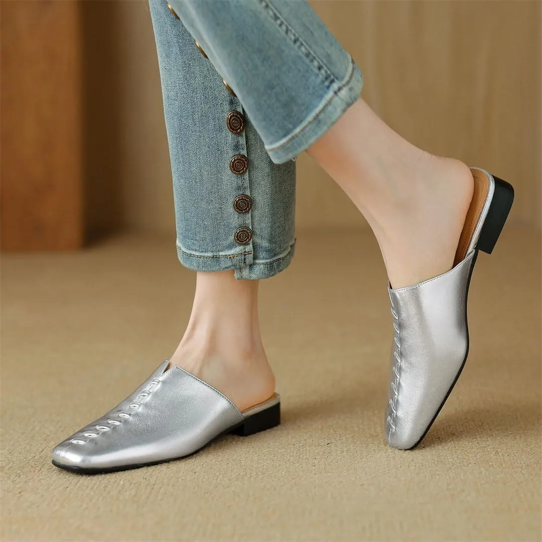 WomenS Square Toe Full Grain Leather Flat Heel Low Weaving Narrow Band Leisure Casual Mules