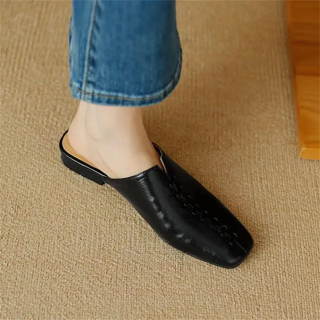 WomenS Square Toe Full Grain Leather Flat Heel Low Weaving Narrow Band Leisure Casual Mules