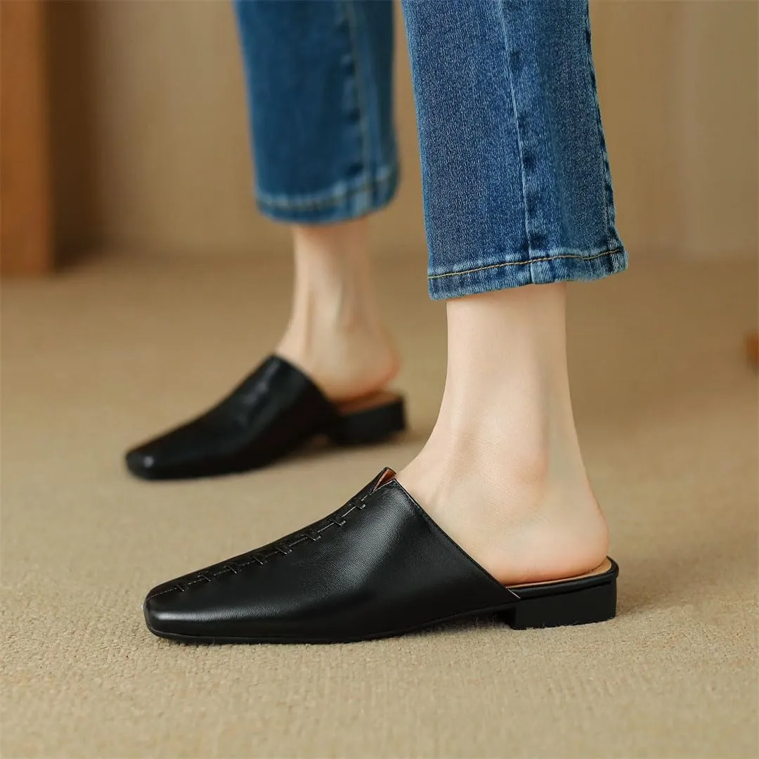WomenS Square Toe Full Grain Leather Flat Heel Low Weaving Narrow Band Leisure Casual Mules