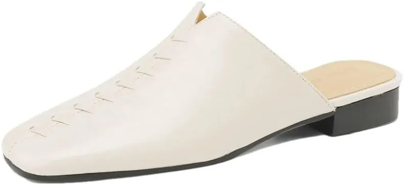 WomenS Square Toe Full Grain Leather Flat Heel Low Weaving Narrow Band Leisure Casual Mules