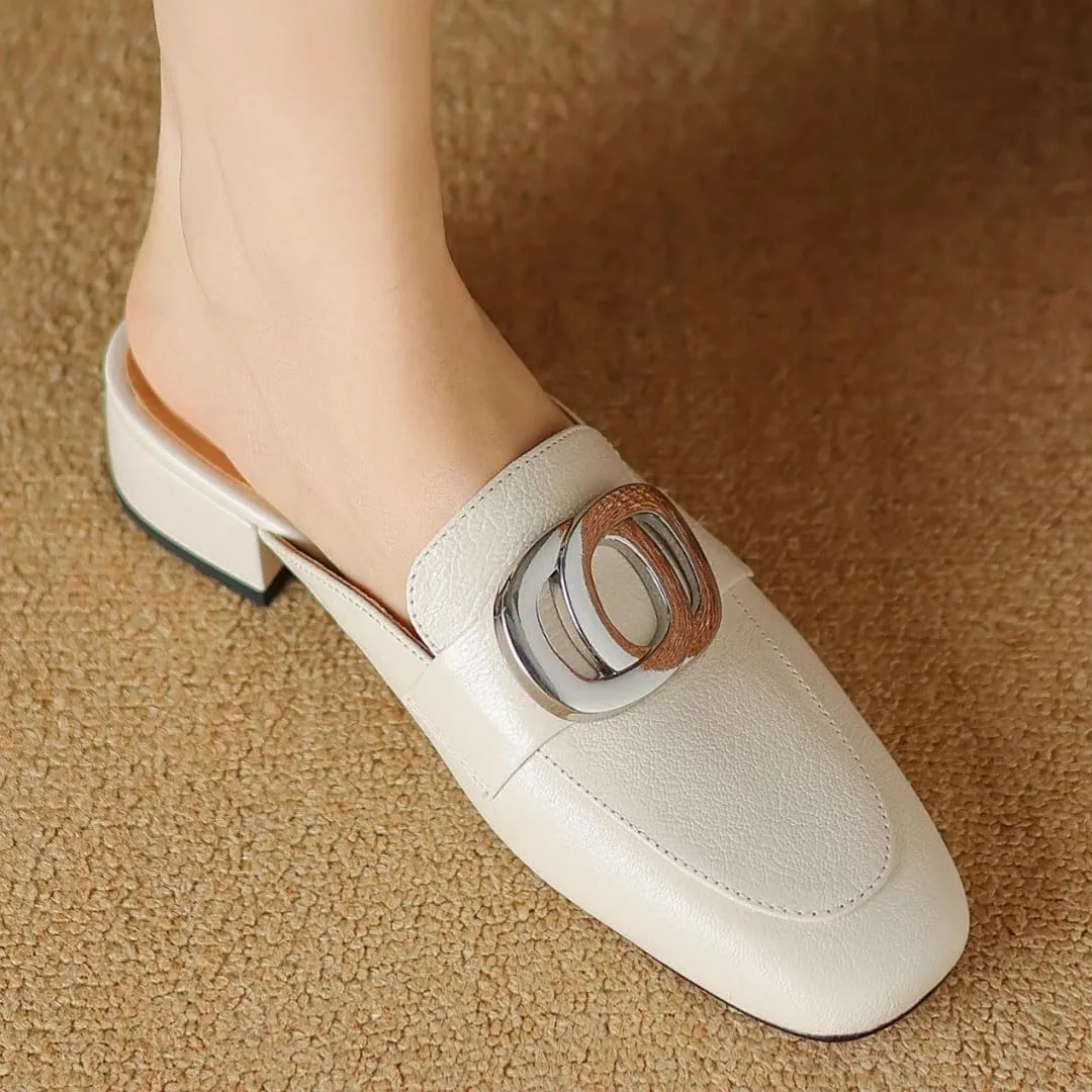 WomenS Square Toe Genuine Leather Metal Buckle Decoration Slip-ON Leisure Casual Mules