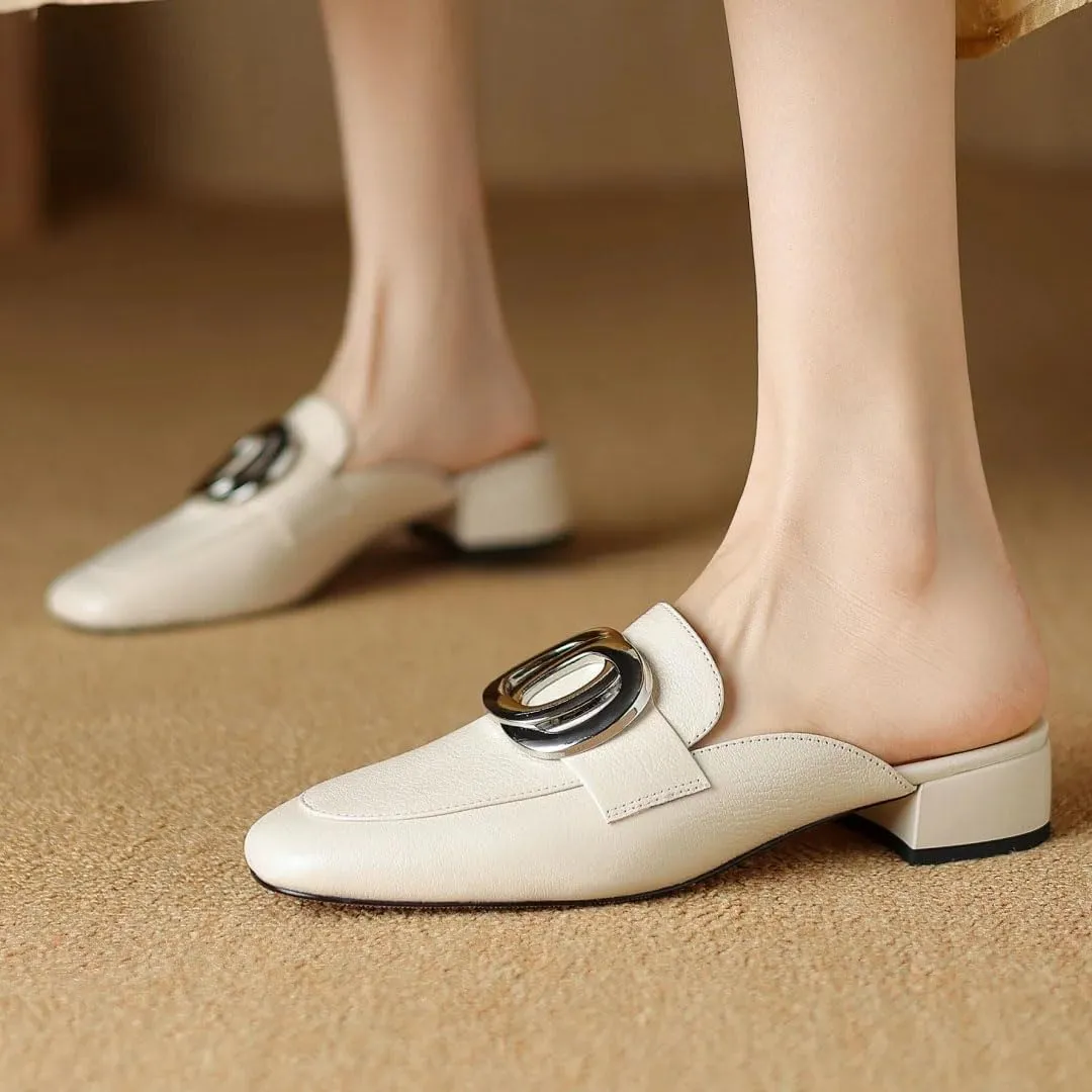 WomenS Square Toe Genuine Leather Metal Buckle Decoration Slip-ON Leisure Casual Mules