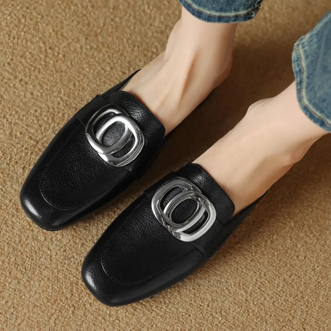 WomenS Square Toe Genuine Leather Metal Buckle Decoration Slip-ON Leisure Casual Mules
