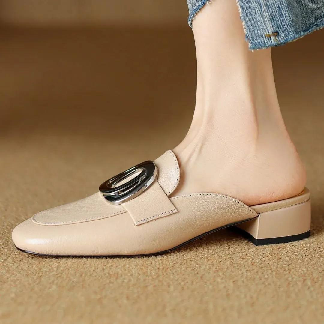 WomenS Square Toe Genuine Leather Metal Buckle Decoration Slip-ON Leisure Casual Mules