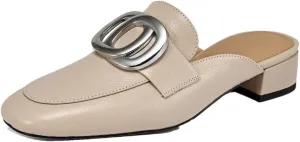 WomenS Square Toe Genuine Leather Metal Buckle Decoration Slip-ON Leisure Casual Mules