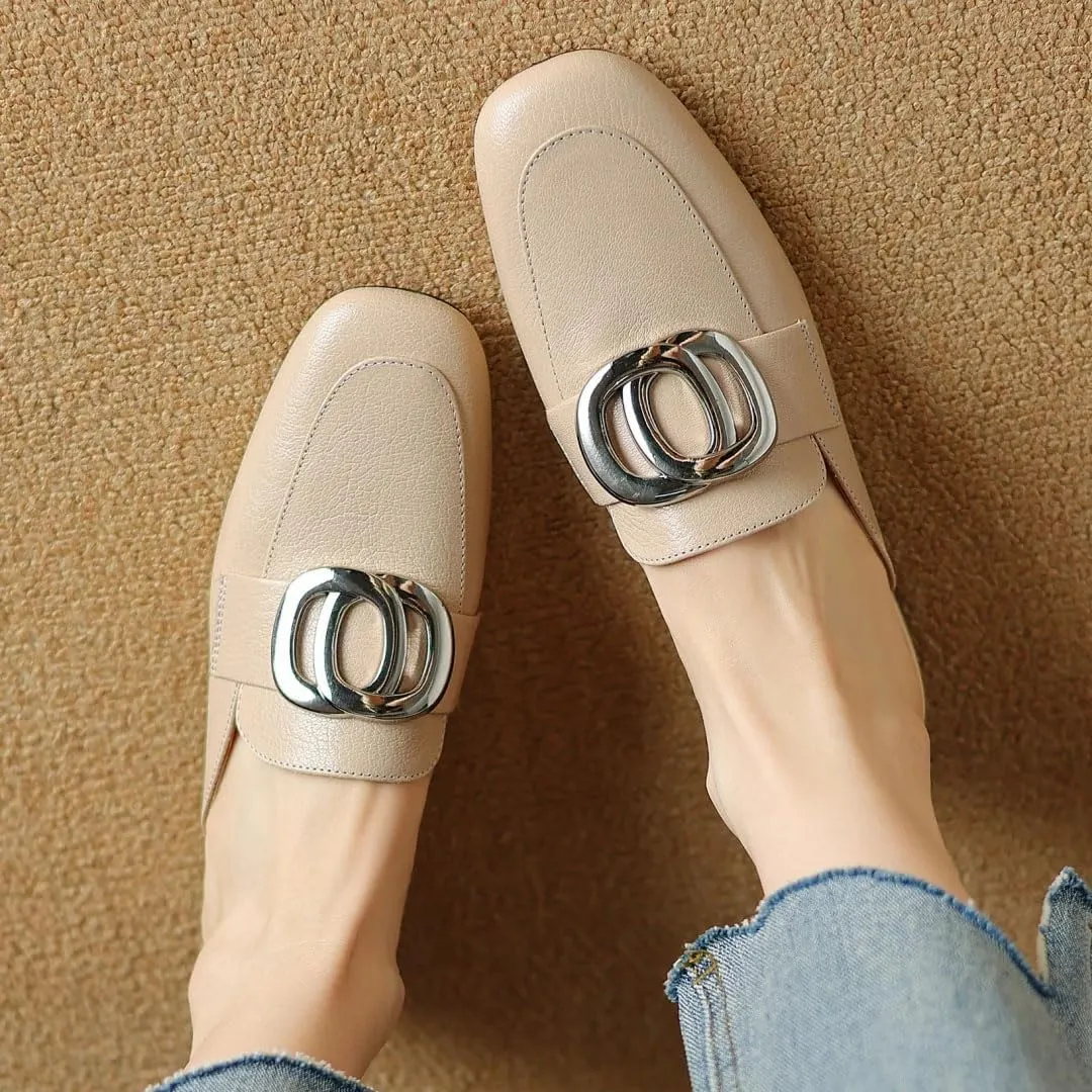 WomenS Square Toe Genuine Leather Metal Buckle Decoration Slip-ON Leisure Casual Mules