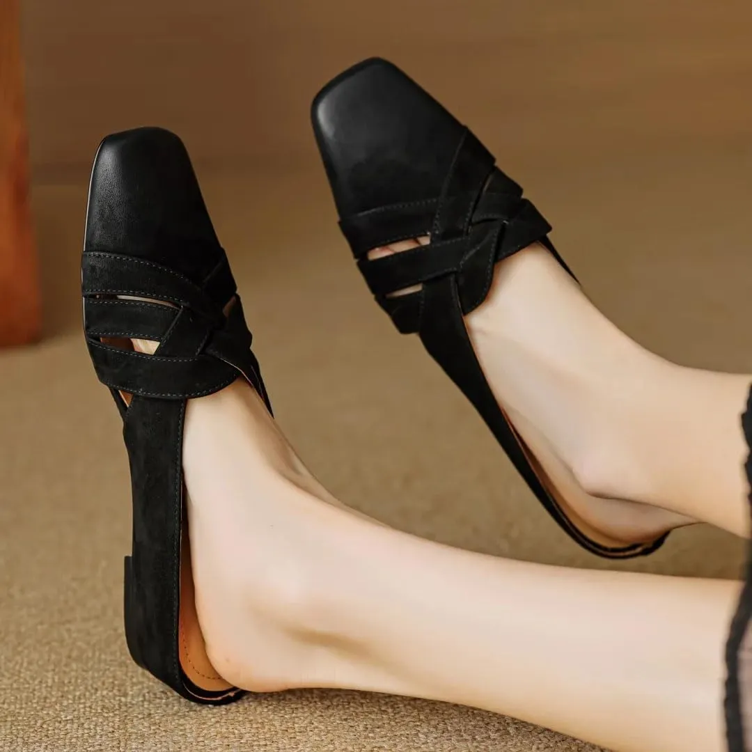 WomenS Square Toe Genuine Leather Narrow Band Strap Slip-ON Concise Casual Mules for Daily Shopping and Walking