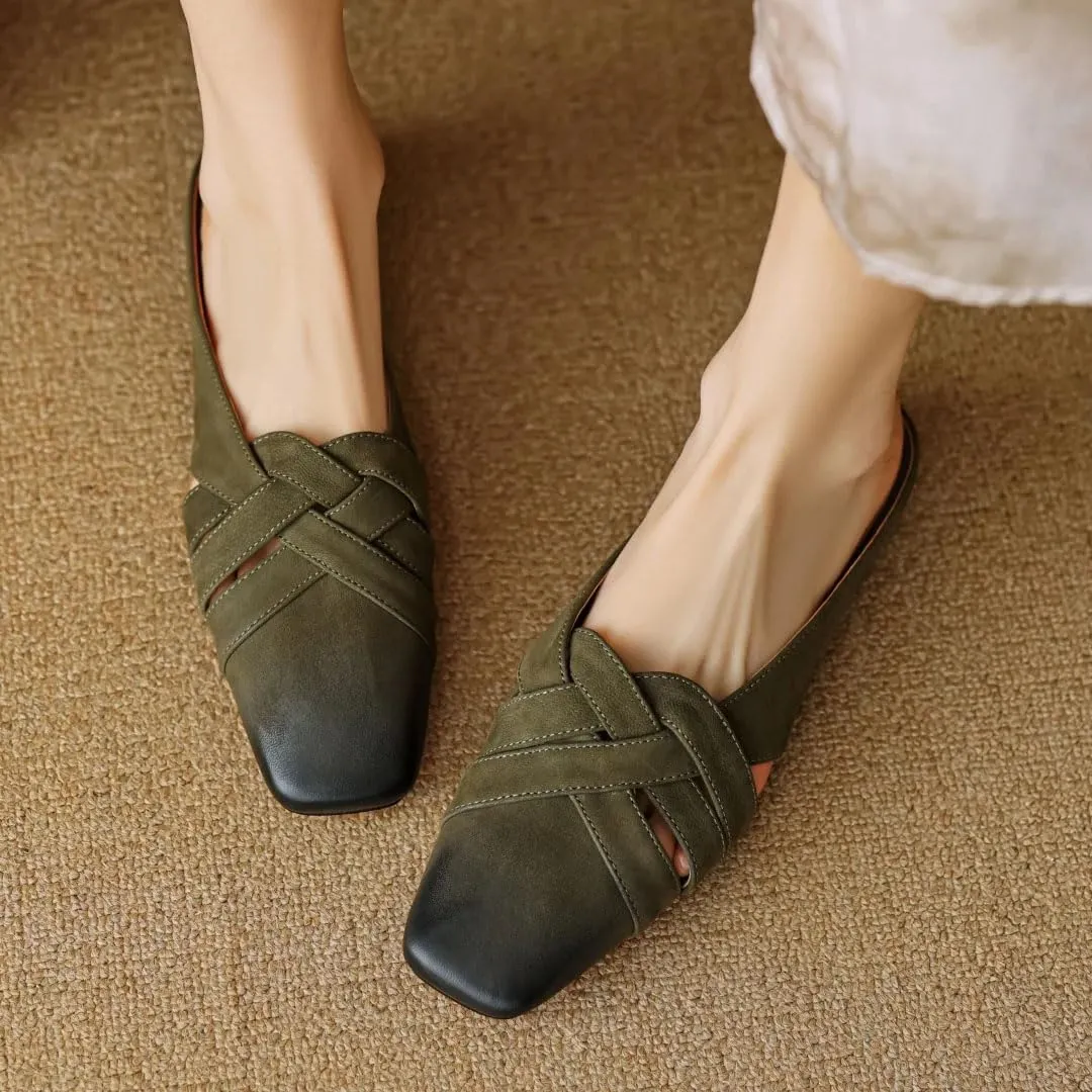 WomenS Square Toe Genuine Leather Narrow Band Strap Slip-ON Concise Casual Mules for Daily Shopping and Walking