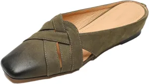WomenS Square Toe Genuine Leather Narrow Band Strap Slip-ON Concise Casual Mules for Daily Shopping and Walking