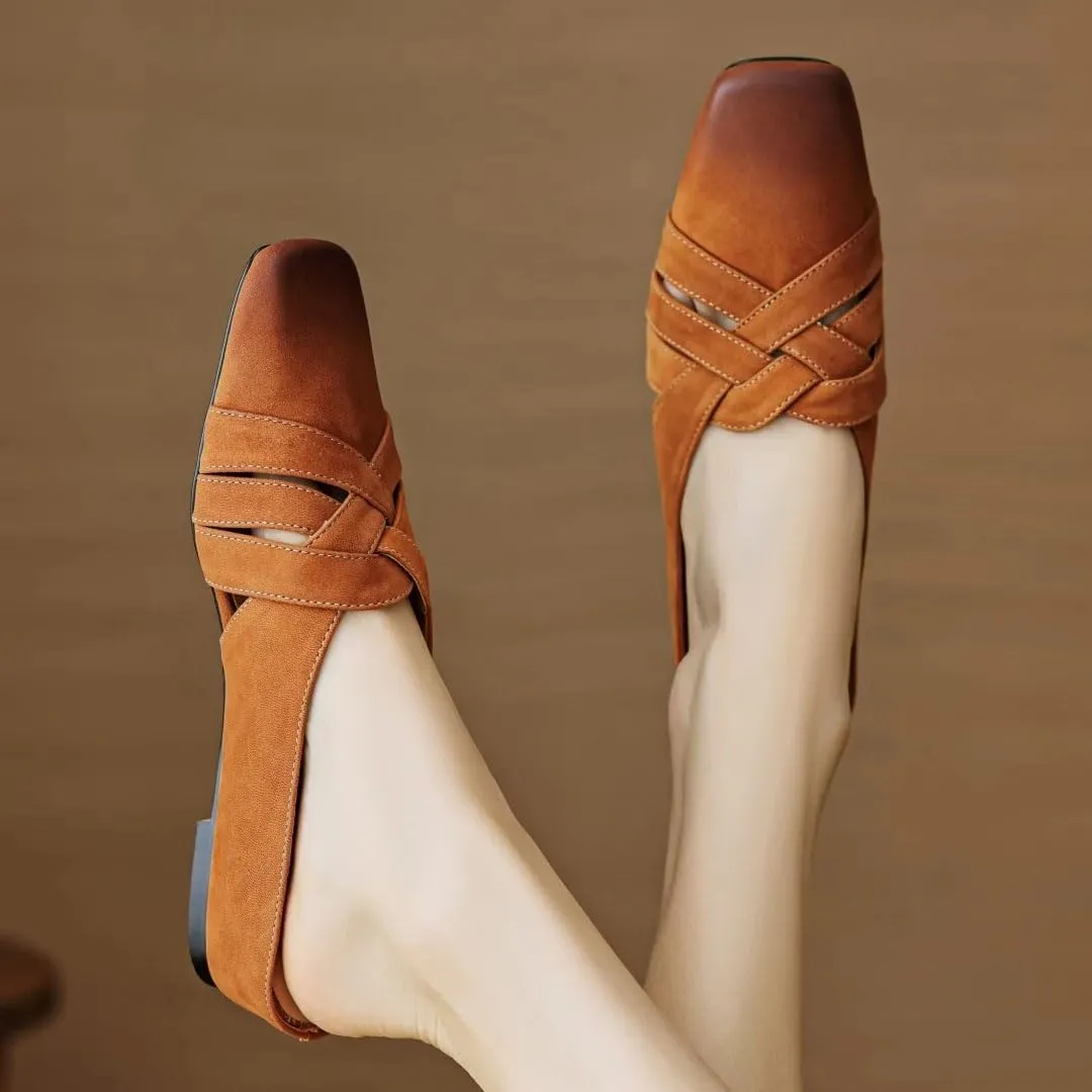 WomenS Square Toe Genuine Leather Narrow Band Strap Slip-ON Concise Casual Mules for Daily Shopping and Walking