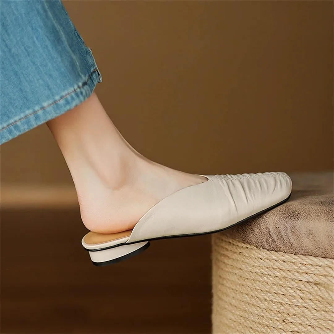 WomenS Square Toe Genuine Leather Square Heel Low Heel 2Cm Pull On Concise Casual Mules