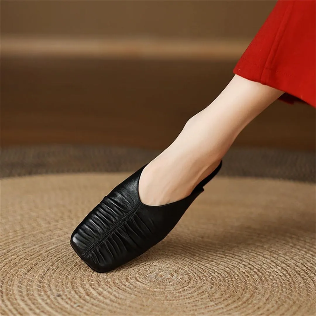 WomenS Square Toe Genuine Leather Square Heel Low Heel 2Cm Pull On Concise Casual Mules