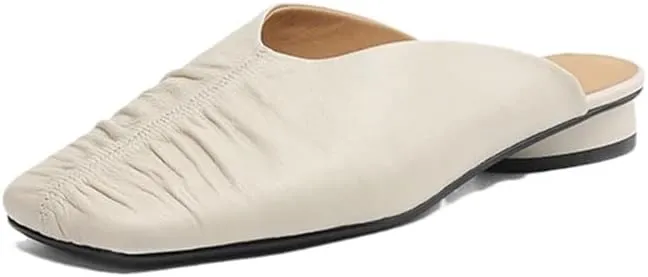 WomenS Square Toe Genuine Leather Square Heel Low Heel 2Cm Pull On Concise Casual Mules