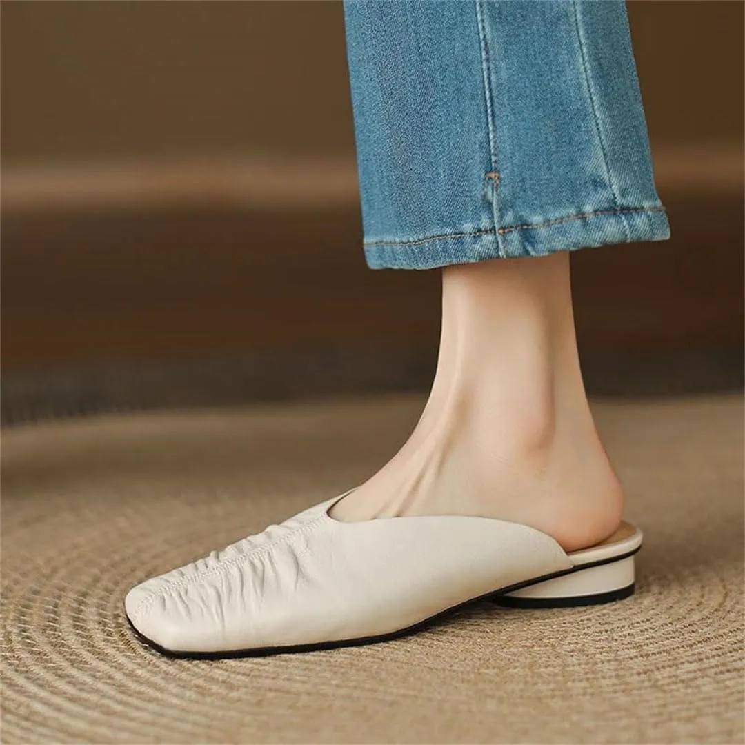 WomenS Square Toe Genuine Leather Square Heel Low Heel 2Cm Pull On Concise Casual Mules