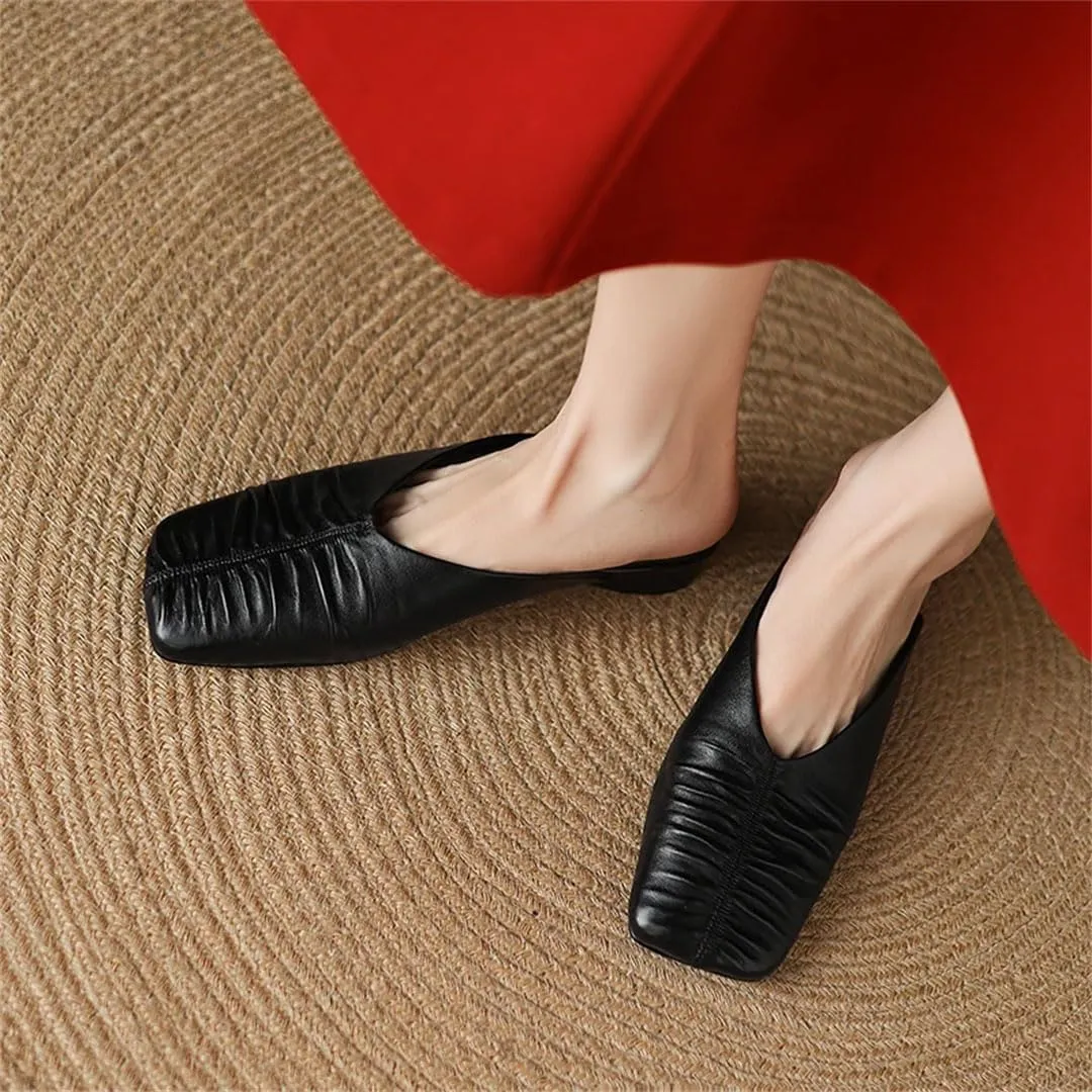 WomenS Square Toe Genuine Leather Square Heel Low Heel 2Cm Pull On Concise Casual Mules
