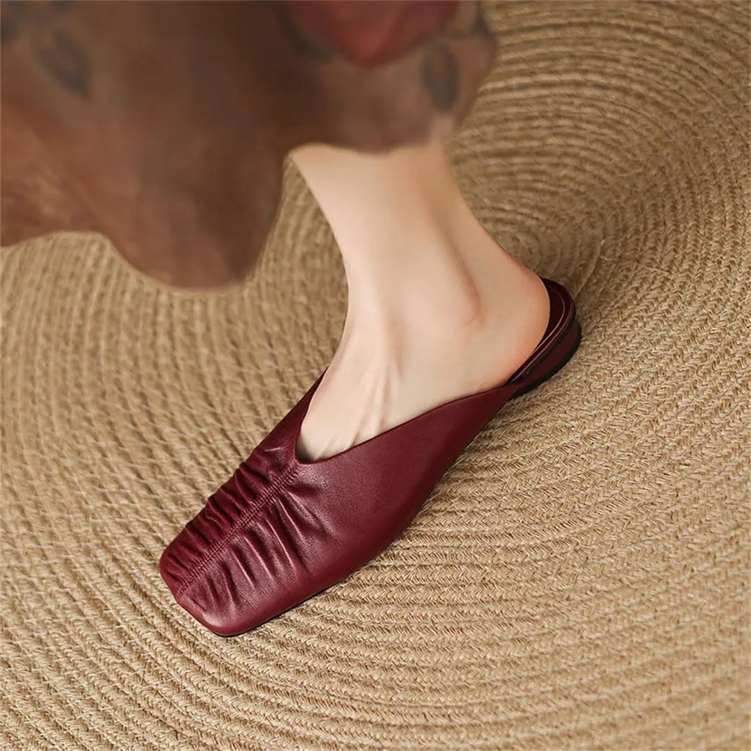 WomenS Square Toe Genuine Leather Square Heel Low Heel 2Cm Pull On Concise Casual Mules