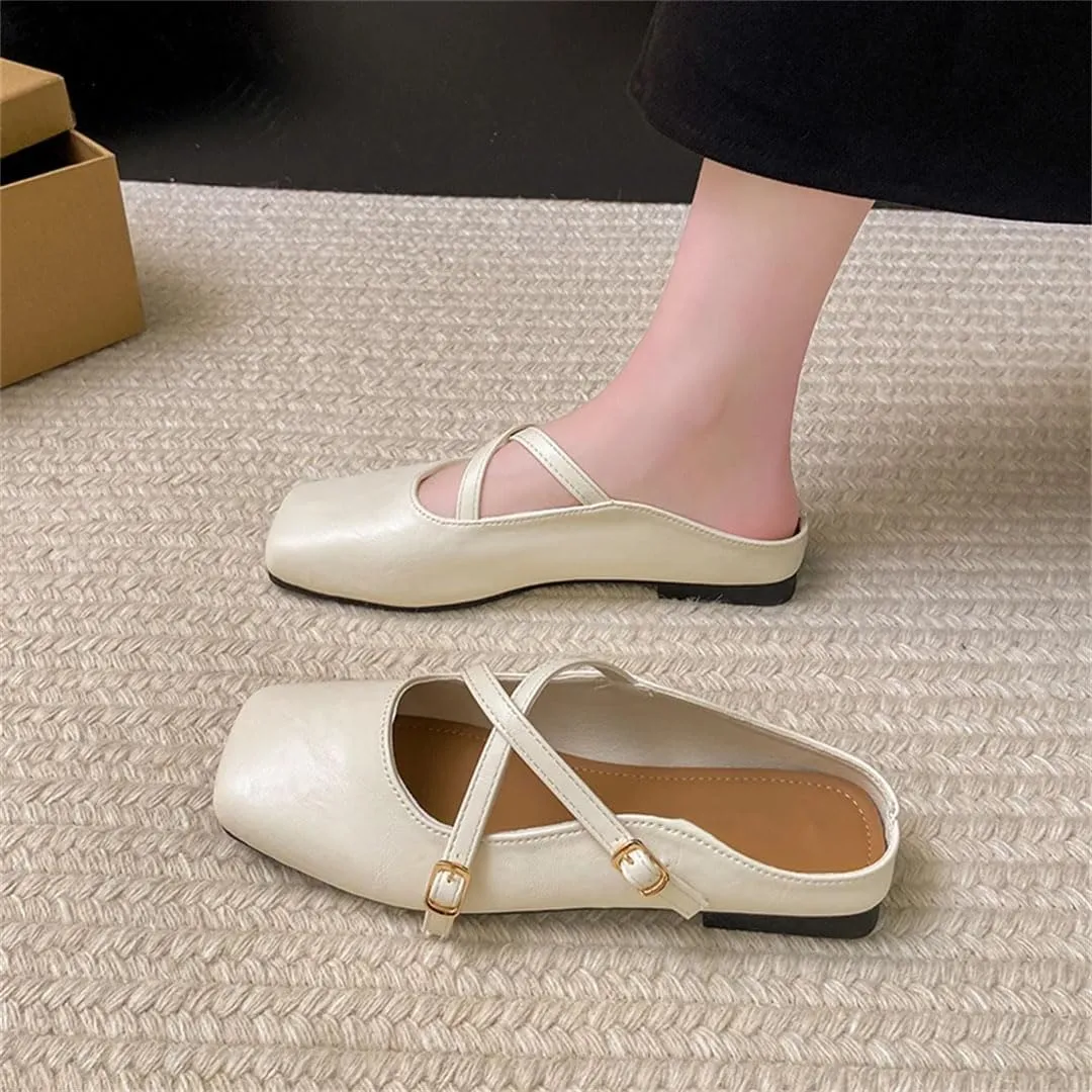 WomenS Square Toe PU Leather Buckle Strip Slip-ON Sexy Comfortable Mules for Daily Shopping and Walking