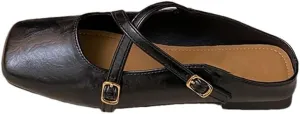 WomenS Square Toe PU Leather Buckle Strip Slip-ON Sexy Comfortable Mules for Daily Shopping and Walking