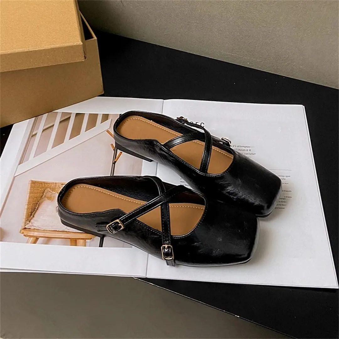 WomenS Square Toe PU Leather Buckle Strip Slip-ON Sexy Comfortable Mules for Daily Shopping and Walking