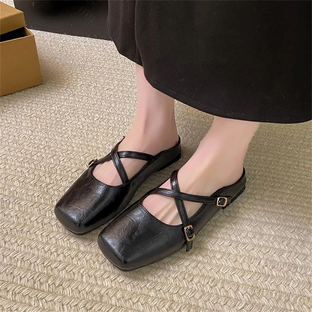 WomenS Square Toe PU Leather Buckle Strip Slip-ON Sexy Comfortable Mules for Daily Shopping and Walking