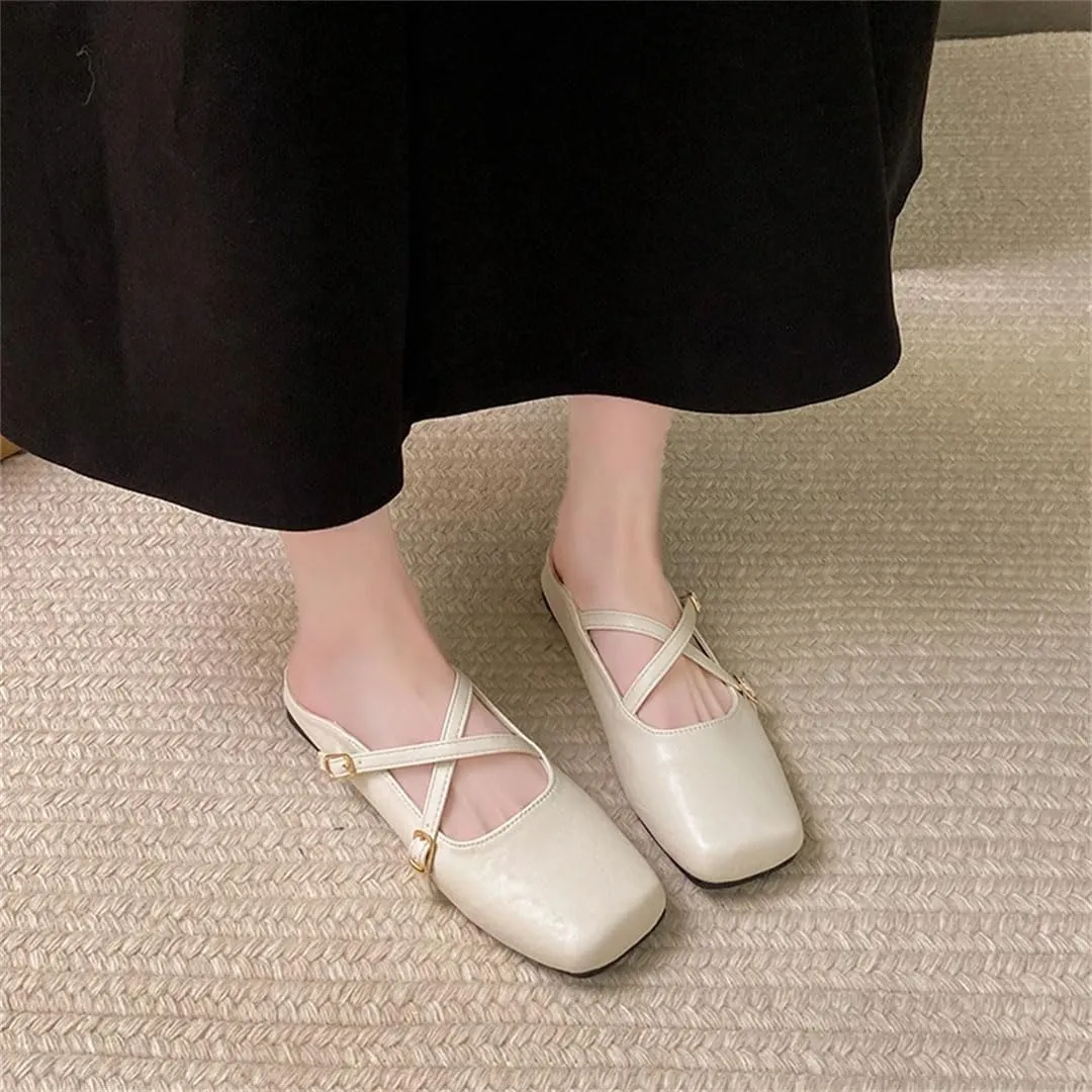 WomenS Square Toe PU Leather Buckle Strip Slip-ON Sexy Comfortable Mules for Daily Shopping and Walking