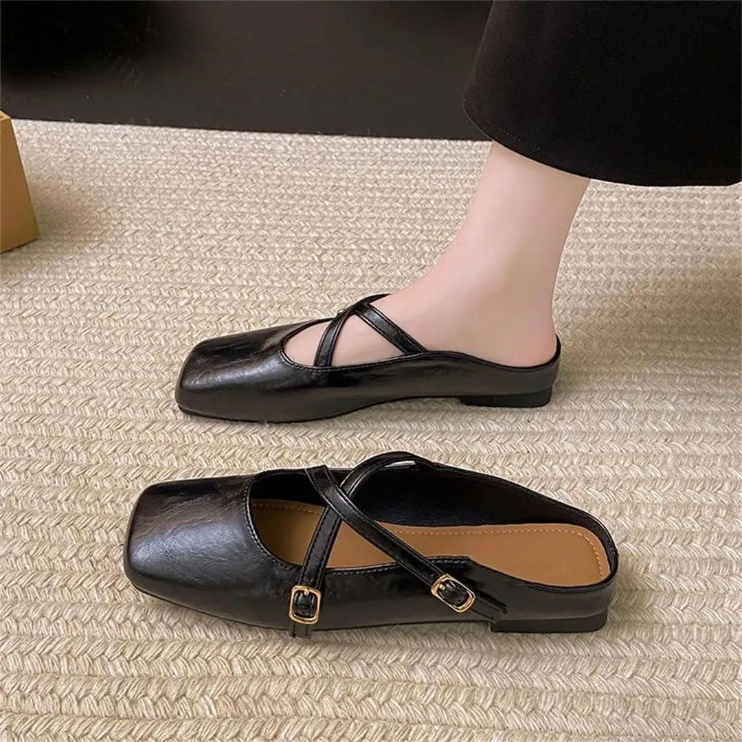 WomenS Square Toe PU Leather Buckle Strip Slip-ON Sexy Comfortable Mules for Daily Shopping and Walking