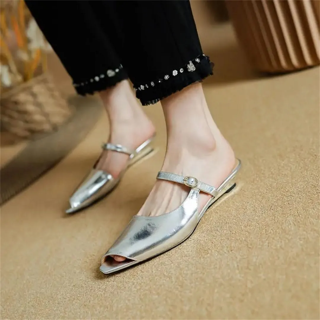 WomenS Street Style Genuine Leather Peep Toe Low Wedge Heel Platform Office Dress Mules