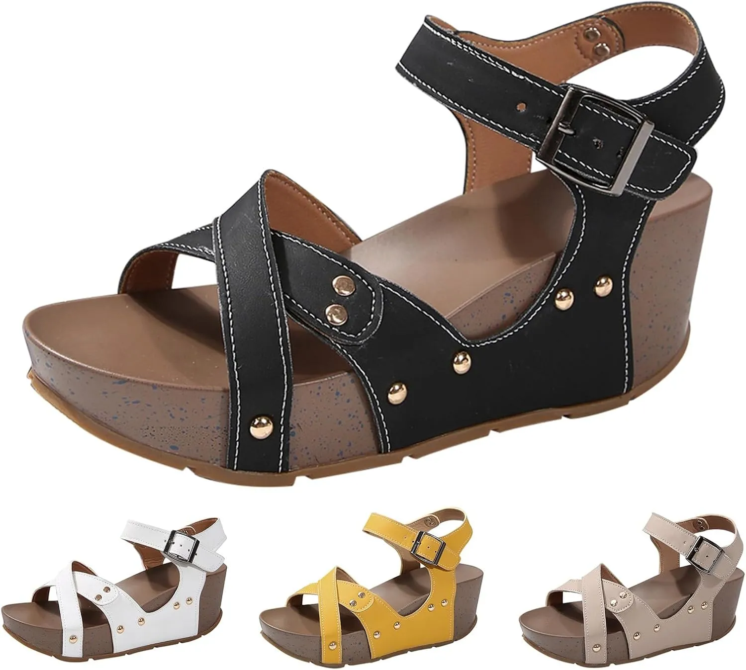 Women's Summer Platform Sandals Thick Wedge Heeled Buckle Sandals Flat Bottomed Fish Mouth Dark Wedges for