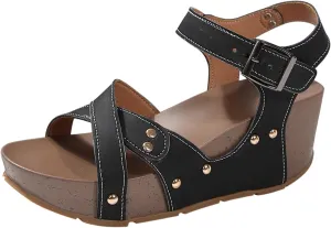 Women's Summer Platform Sandals Thick Wedge Heeled Buckle Sandals Flat Bottomed Fish Mouth Dark Wedges for