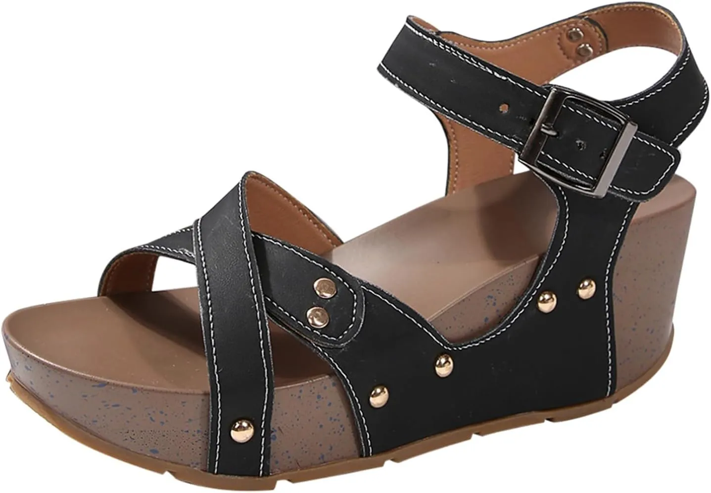 Women's Summer Platform Sandals Thick Wedge Heeled Buckle Sandals Flat Bottomed Fish Mouth Dark Wedges for