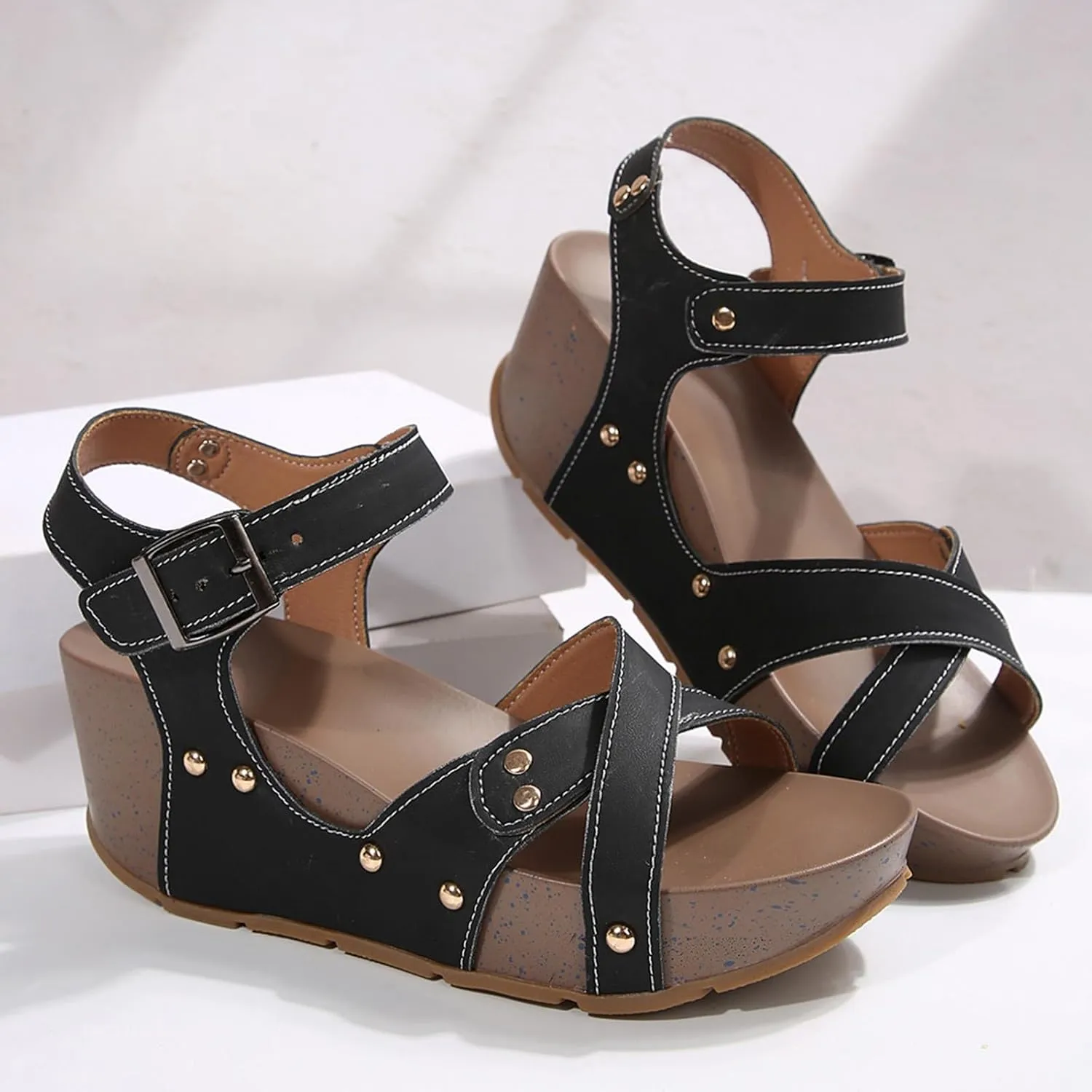 Women's Summer Platform Sandals Thick Wedge Heeled Buckle Sandals Flat Bottomed Fish Mouth Dark Wedges for