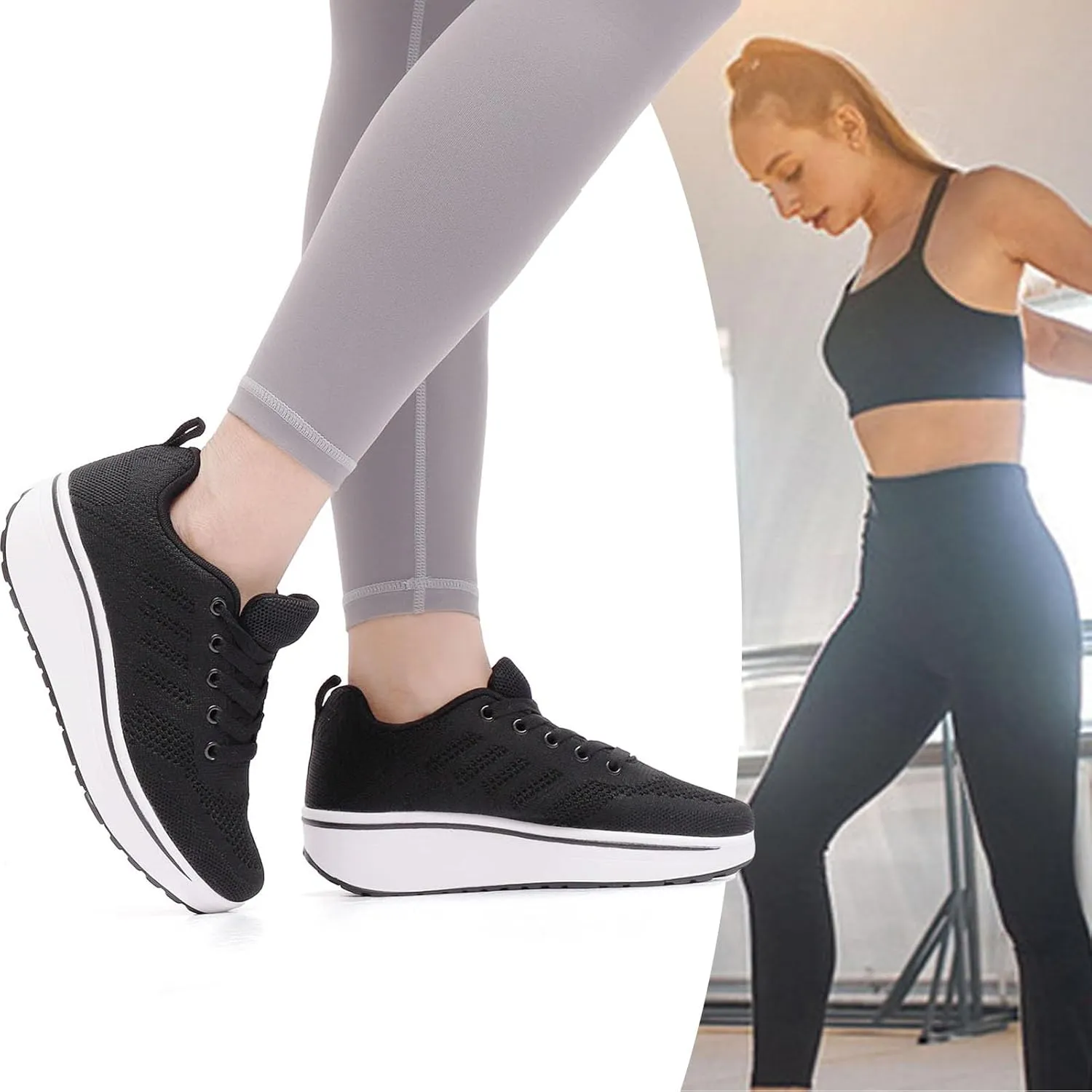 WUIWUIYU Womens Outdoor Casual Wedge Platform Mesh Lace-Up Sport Athletic Rocker Shoes Trainers Sneakers