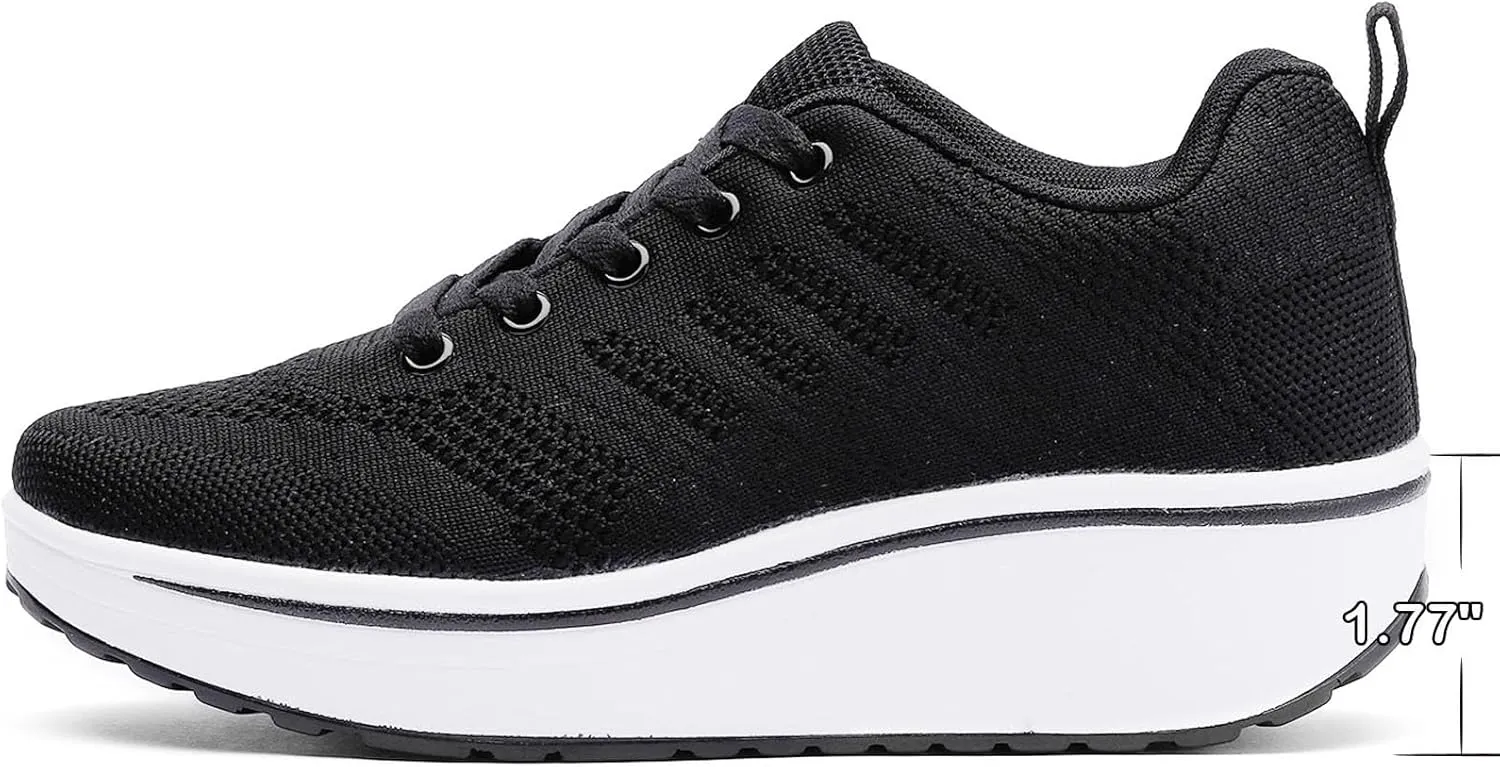 WUIWUIYU Womens Outdoor Casual Wedge Platform Mesh Lace-Up Sport Athletic Rocker Shoes Trainers Sneakers