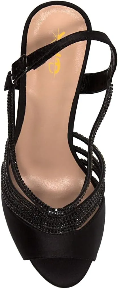 XYD Women Dance Ballroom Latin Jazz Sandals Open Almond Toe Slingback Mid Heels Crystal Rhinestones Strappy Sparkling Bridal Evening Party Pumps Shoes