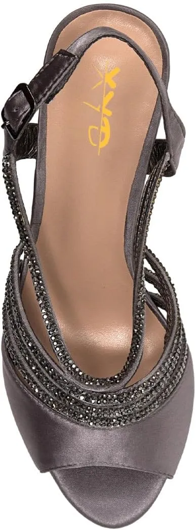 XYD Women Dance Ballroom Latin Jazz Sandals Open Almond Toe Slingback Mid Heels Crystal Rhinestones Strappy Sparkling Bridal Evening Party Pumps Shoes