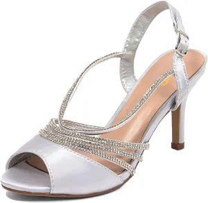 XYD Women Dance Ballroom Latin Jazz Sandals Open Almond Toe Slingback Mid Heels Crystal Rhinestones Strappy Sparkling Bridal Evening Party Pumps Shoes