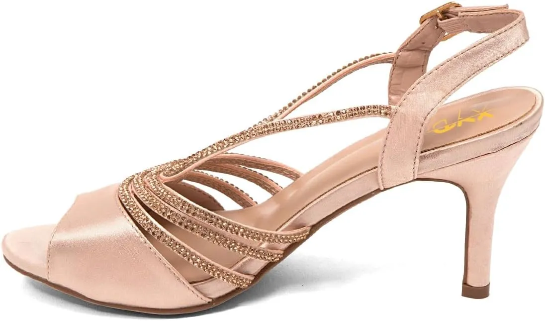 XYD Women Dance Ballroom Latin Jazz Sandals Open Almond Toe Slingback Mid Heels Crystal Rhinestones Strappy Sparkling Bridal Evening Party Pumps Shoes