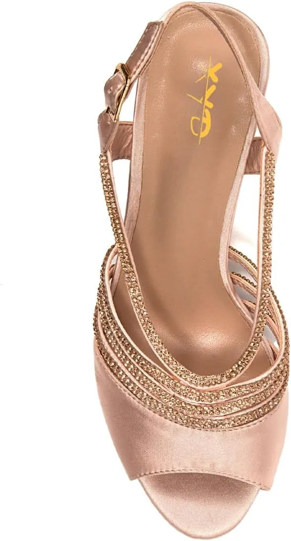 XYD Women Dance Ballroom Latin Jazz Sandals Open Almond Toe Slingback Mid Heels Crystal Rhinestones Strappy Sparkling Bridal Evening Party Pumps Shoes