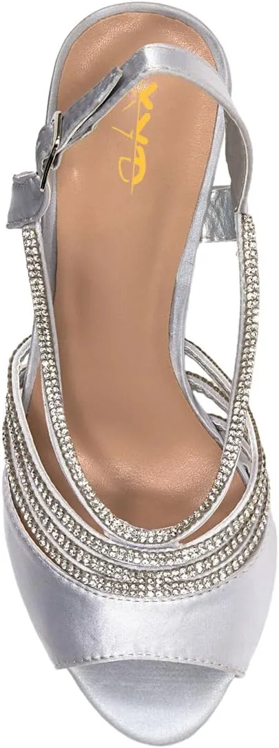 XYD Women Dance Ballroom Latin Jazz Sandals Open Almond Toe Slingback Mid Heels Crystal Rhinestones Strappy Sparkling Bridal Evening Party Pumps Shoes