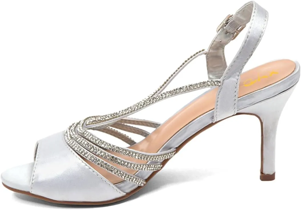XYD Women Dance Ballroom Latin Jazz Sandals Open Almond Toe Slingback Mid Heels Crystal Rhinestones Strappy Sparkling Bridal Evening Party Pumps Shoes