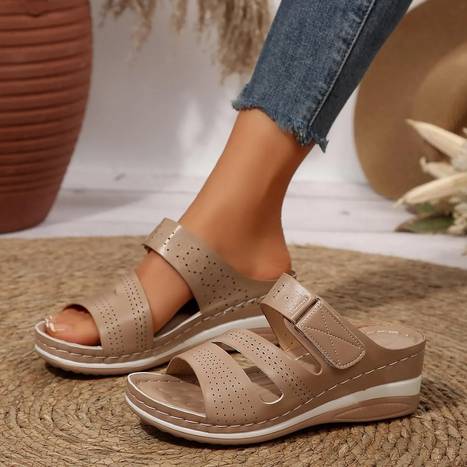 ZSpzx Summer Sandals for Women 2025,Peep Toe Comfortable Dressy Slip On Strappy Low Wedge Heel Platform Womens Sandal Ladies Recovery Cushioned Footbed Plantar Fasciitis Walking Beach Shoes