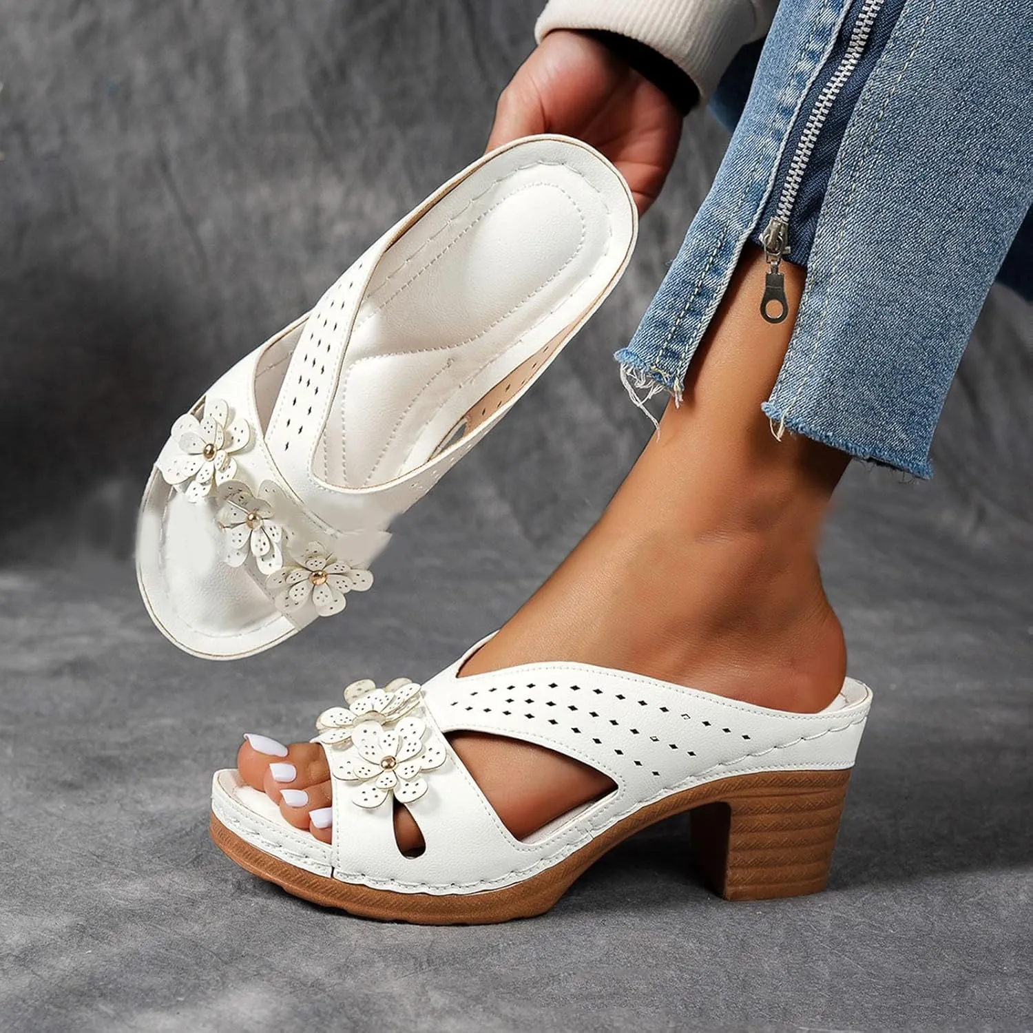 ZSpzx Women's Chunky Block Heel Sandals Cutout Peep Toe Flower Slip On Cushioned Footbed Slippers Ladies Comfortable Summer Slingback Recovery Mules Casual Shoes for Hiking Walking Daily Wear