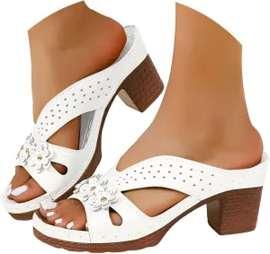 ZSpzx Women's Chunky Block Heel Sandals Cutout Peep Toe Flower Slip On Cushioned Footbed Slippers Ladies Comfortable Summer Slingback Recovery Mules Casual Shoes for Hiking Walking Daily Wear