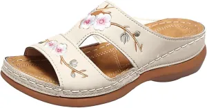 ZSpzx Womens Orthotic Slides Sandals Dressy Summer Orthopedic Slides with Arch Support Chunky Bottom Sandals Vintage Open Toe Embroidery Flower Flat Comfortable Walking Thong Sandals