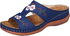 ZSpzx Womens Orthotic Slides Sandals Dressy Summer Orthopedic Slides with Arch Support Chunky Bottom Sandals Vintage Open Toe Embroidery Flower Flat Comfortable Walking Thong Sandals