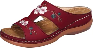 ZSpzx Womens Orthotic Slides Sandals Dressy Summer Orthopedic Slides with Arch Support Chunky Bottom Sandals Vintage Open Toe Embroidery Flower Flat Comfortable Walking Thong Sandals