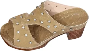 ZSpzx Women's Rhinestones Heeled Sandals Wide Width Cutout Orthopedic Peep Toe Slip On Slides with Arch Support Chunky Block Heel Sandal Ladies Cushioned Footbed Recovery Mules for Daily Wear