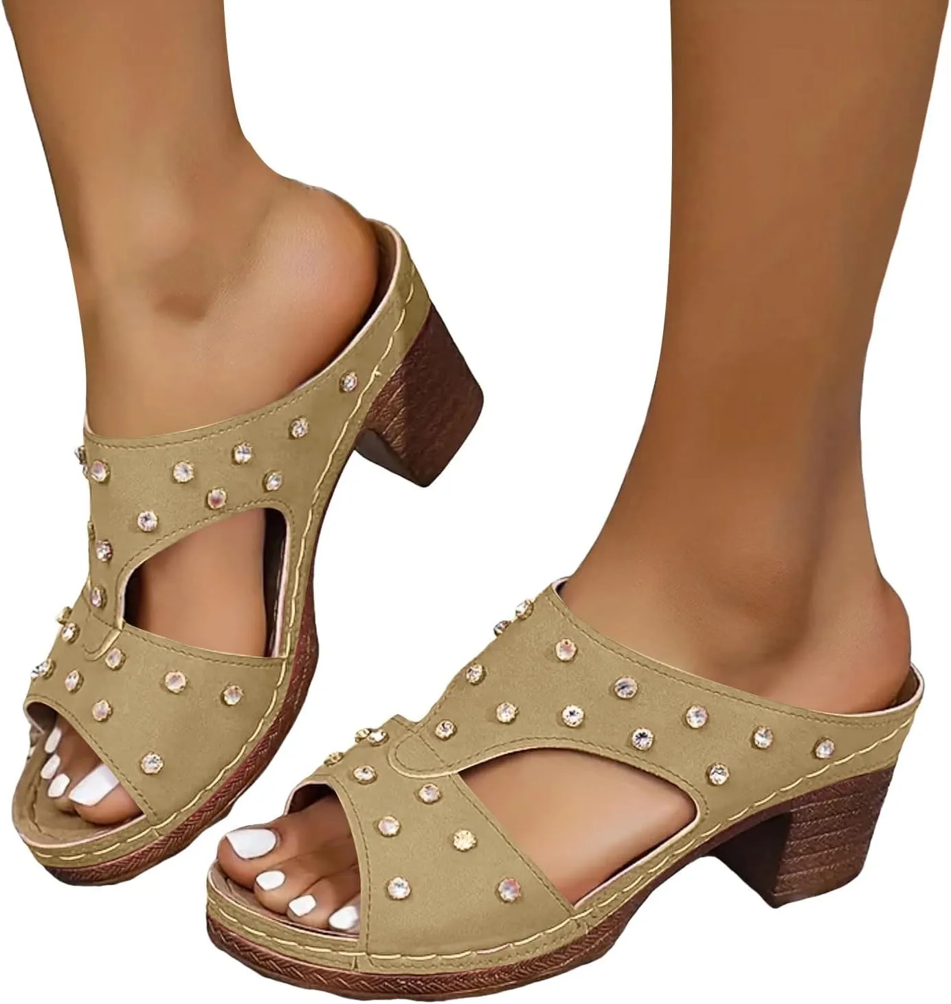 ZSpzx Women's Rhinestones Heeled Sandals Wide Width Cutout Orthopedic Peep Toe Slip On Slides with Arch Support Chunky Block Heel Sandal Ladies Cushioned Footbed Recovery Mules for Daily Wear