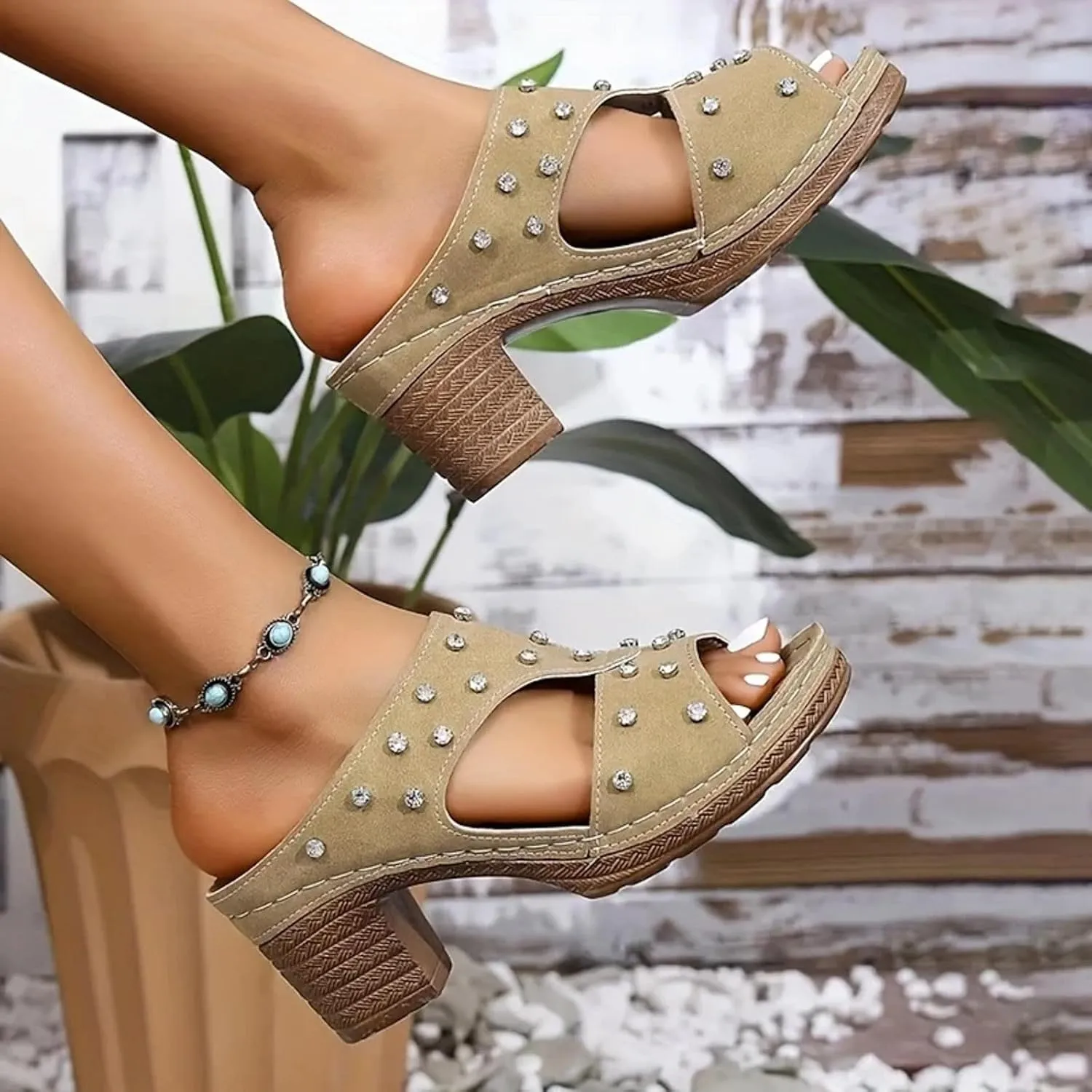 ZSpzx Women's Rhinestones Heeled Sandals Wide Width Cutout Orthopedic Peep Toe Slip On Slides with Arch Support Chunky Block Heel Sandal Ladies Cushioned Footbed Recovery Mules for Daily Wear